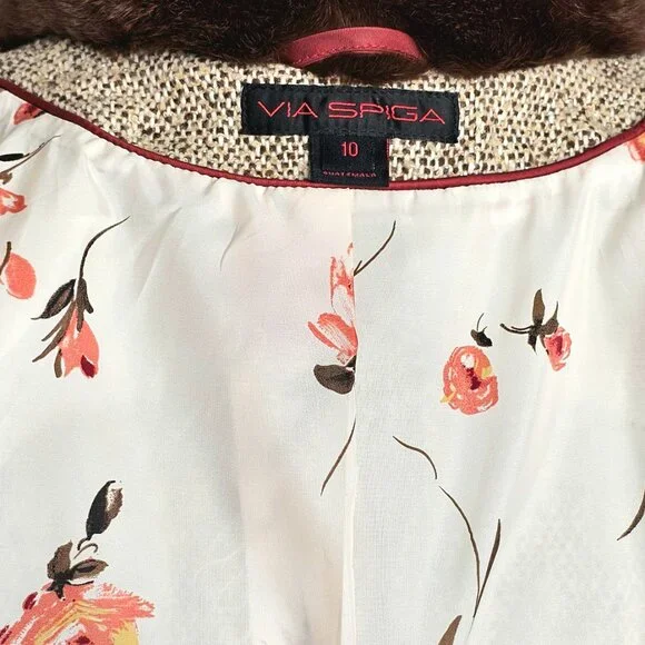 Via Spiga Wool Blend Tweed Coat Rex Rabbit Fur Trim Size 10 - Picture 15 of 16